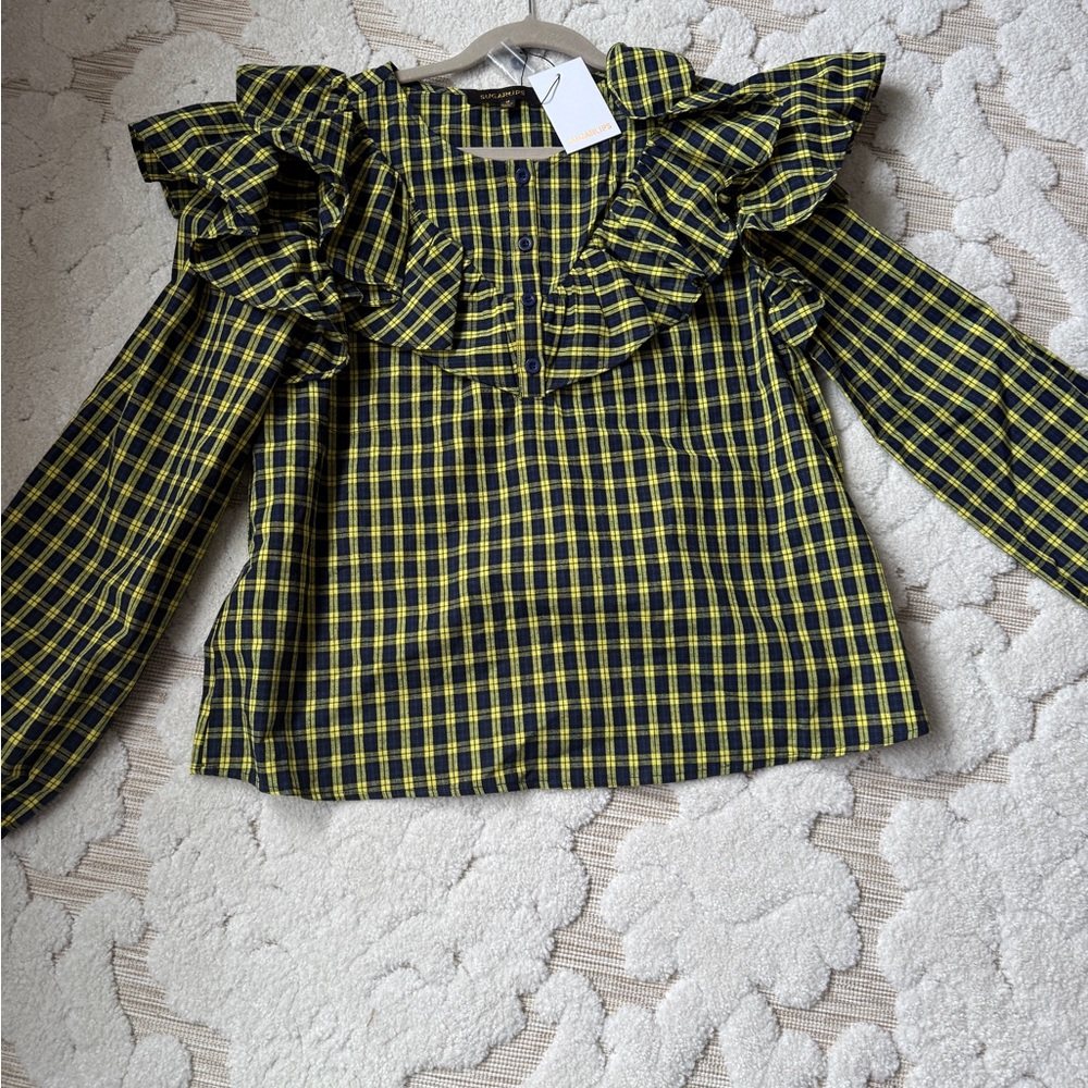Yellow and Black Plaid Ruffle Blouse